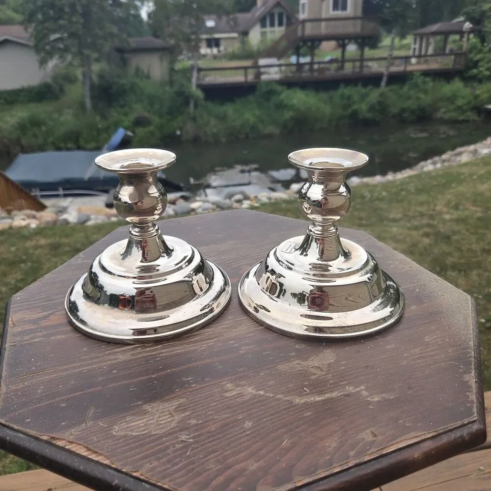 VTG Silver Plated Candlestick Holders Pair Round Base 4.5 Inch Taper